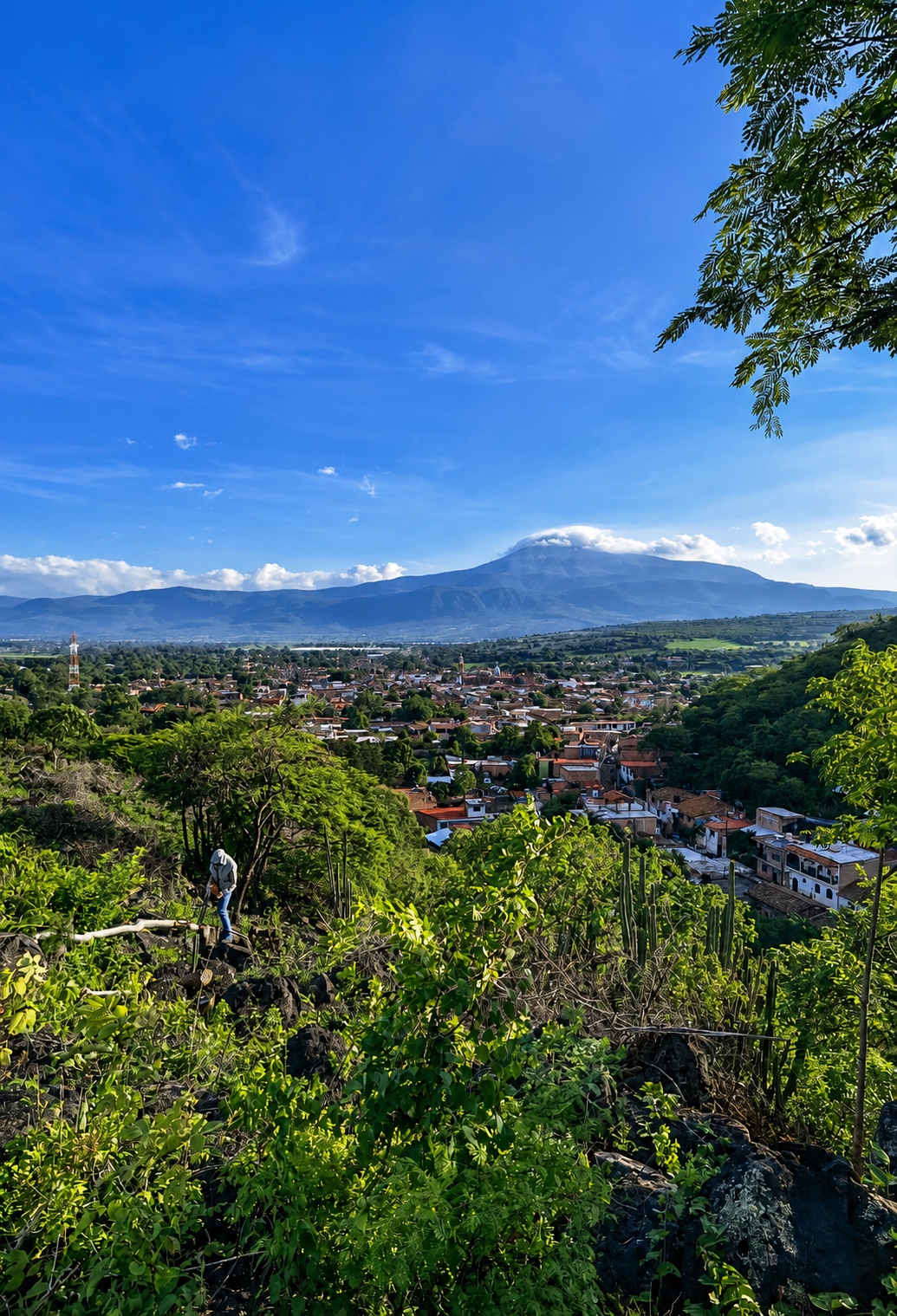 Panorámica desde uno de los lotes altos: el pueblo abajo, el cerro al fondo.