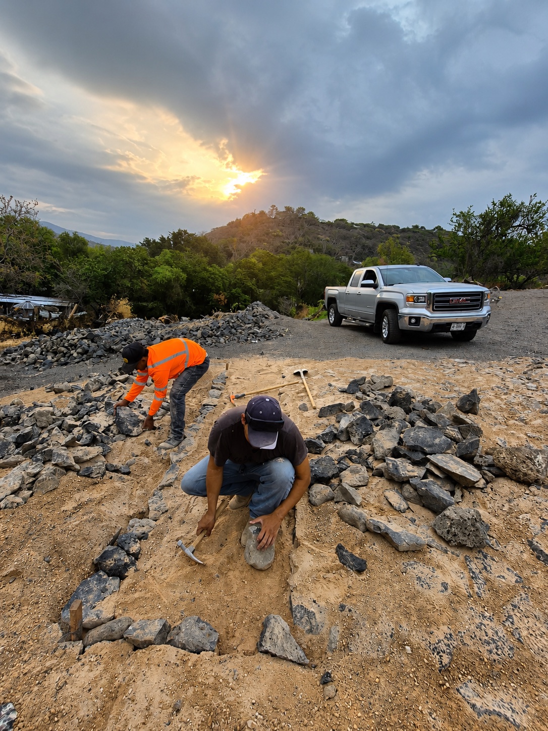 Trabajadores acomodando piedra para el empedrado interior.